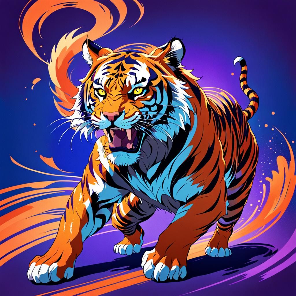 Dynamic Tiger with Art Nouveau Fur in Anime Style