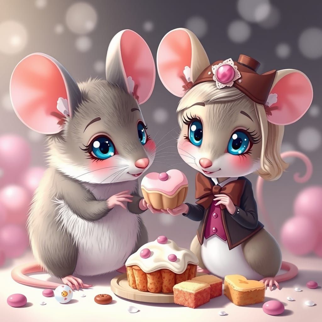 Anime Style Shy Mice Sharing Treats