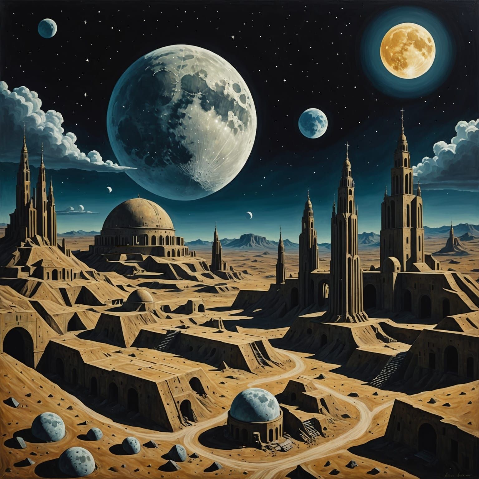 Surreal Moonlit Metaphysical Scene in the Style of De Chiric...