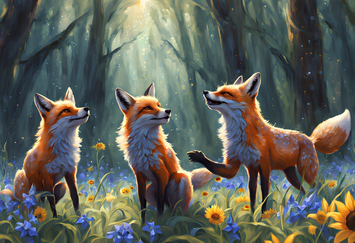 Foxes and Fairies Dancing in a Flower Field