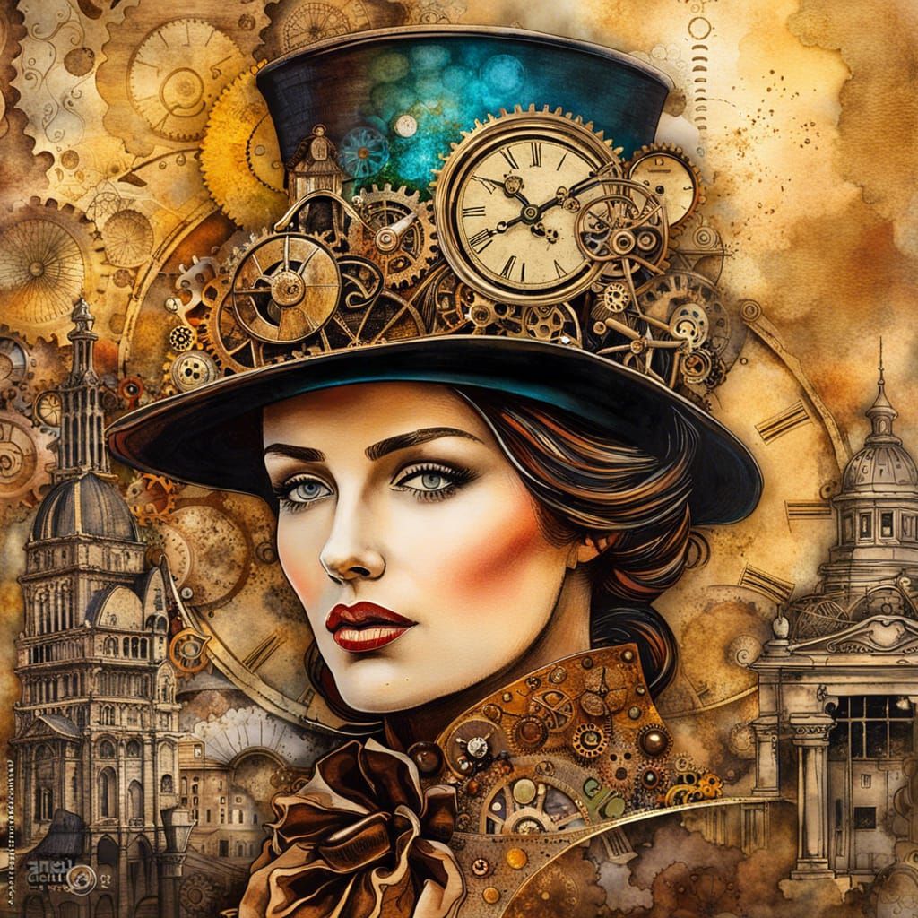 Steampunk Lady in Surreal Mixed Media Cityscape