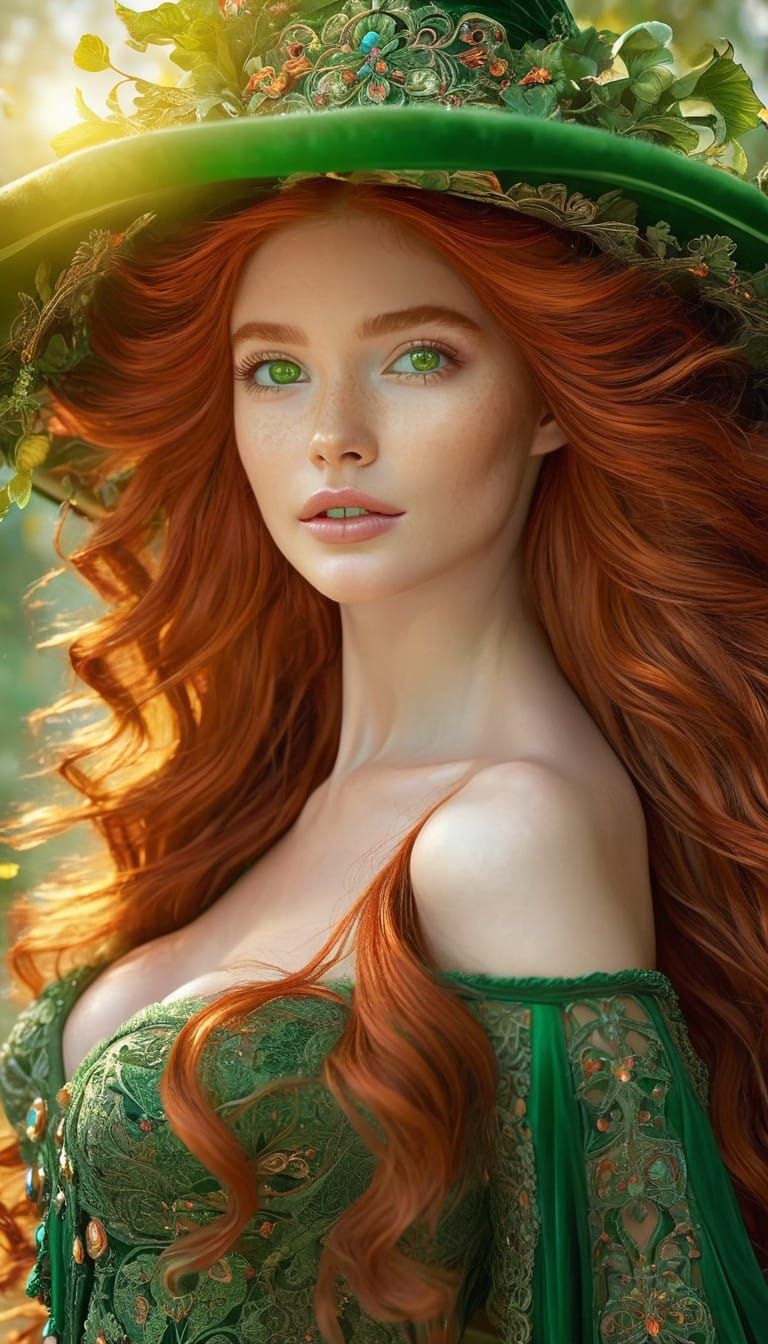 Vibrant Redheaded Lady in a Whimsical Fantasy Landscape