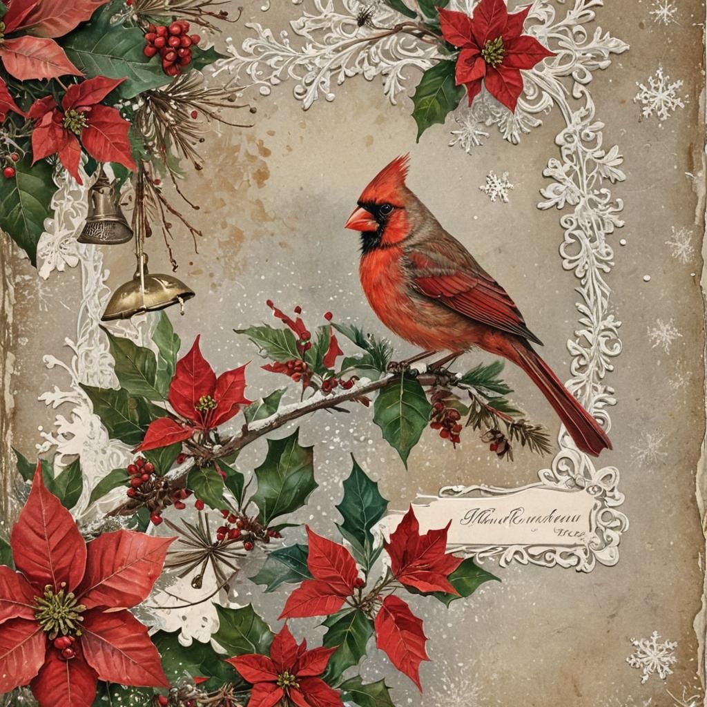 Cardinal on Poinsettia: Antique Christmas Postcard