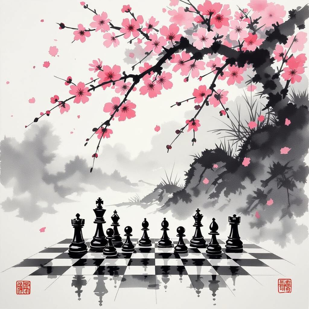 Sumi-e Chess Game Under Blooming Sakura Trees