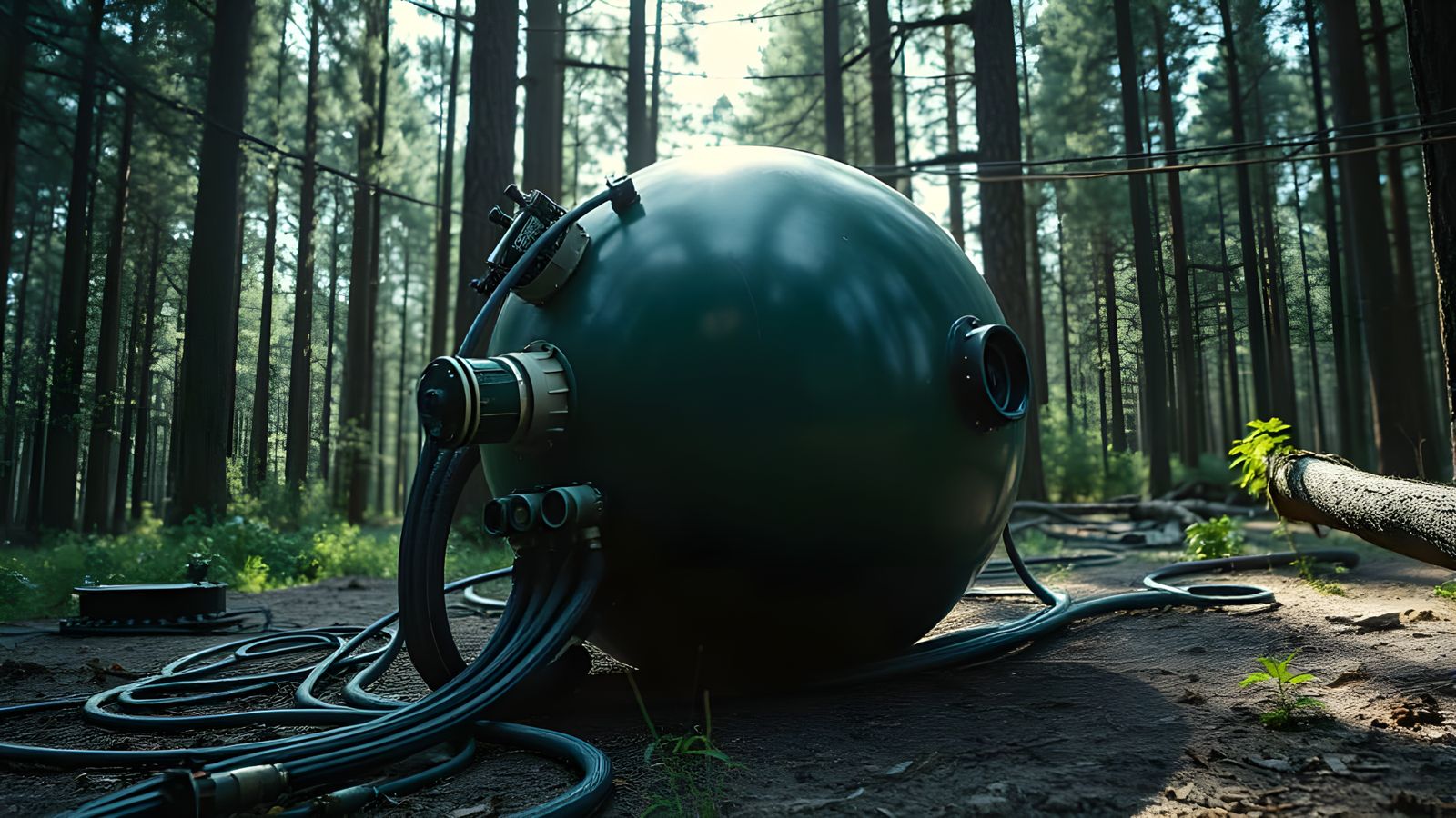 Mechanical Sphere in Pine Forest: Cinematic Film Still