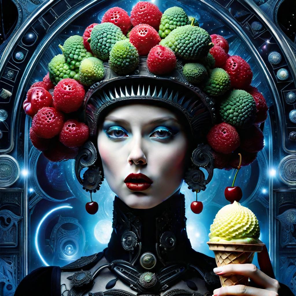 Girl in Ice Cream Cherry Hat Futuristic Art