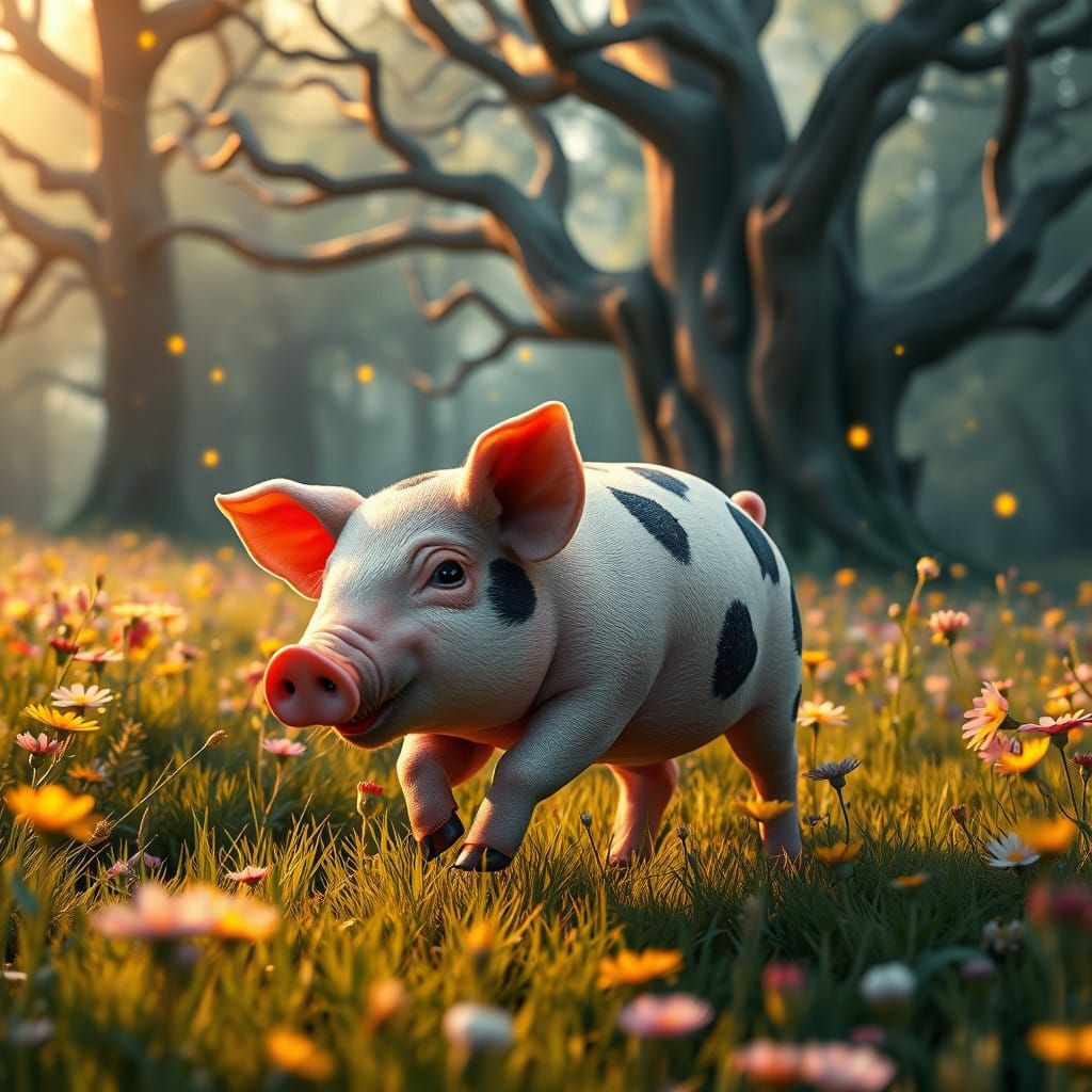 Charming Pink Pig with Glossy Black Spots in a Vibrant Meado...