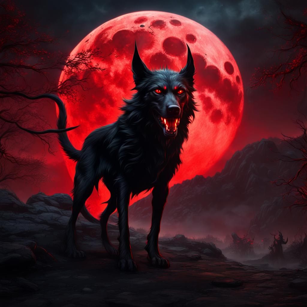 Hellhound with Red Eyes Under Full Moon