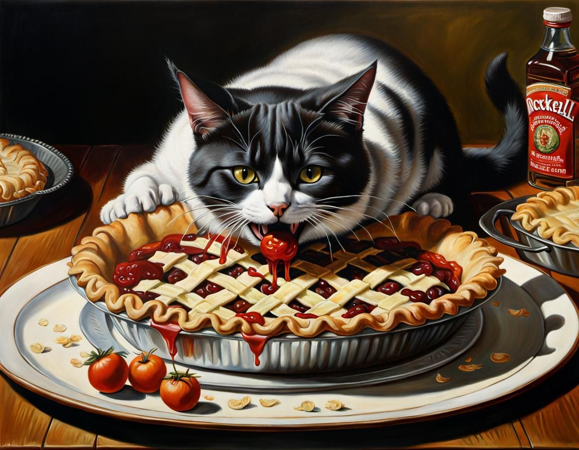 Cat in Pie Eating Contest: Oil Painting by Rockwell