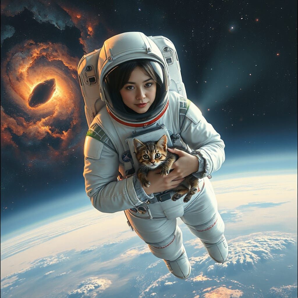 Astronaut with Kitten in Space, Oil Painting