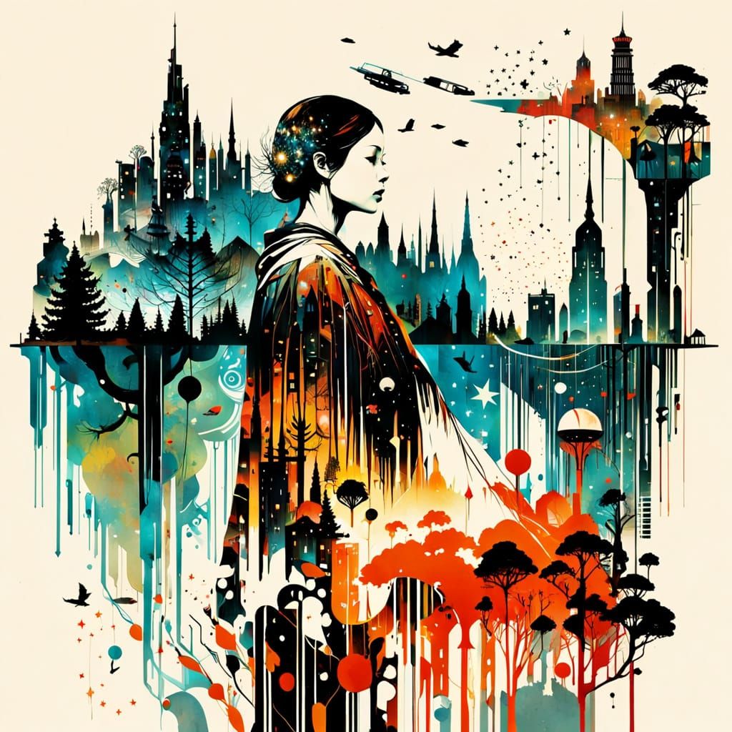 Galaxy Dripping into World with Silhouette, Double Exposure