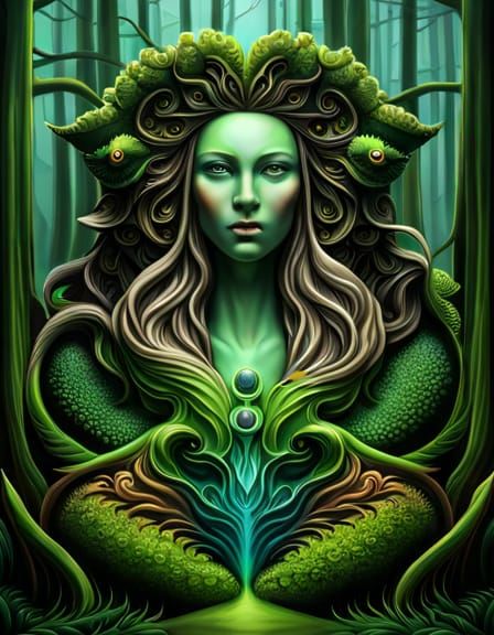 Surreal Four-Headed Hydra in Forest, Digital ZBrush Art