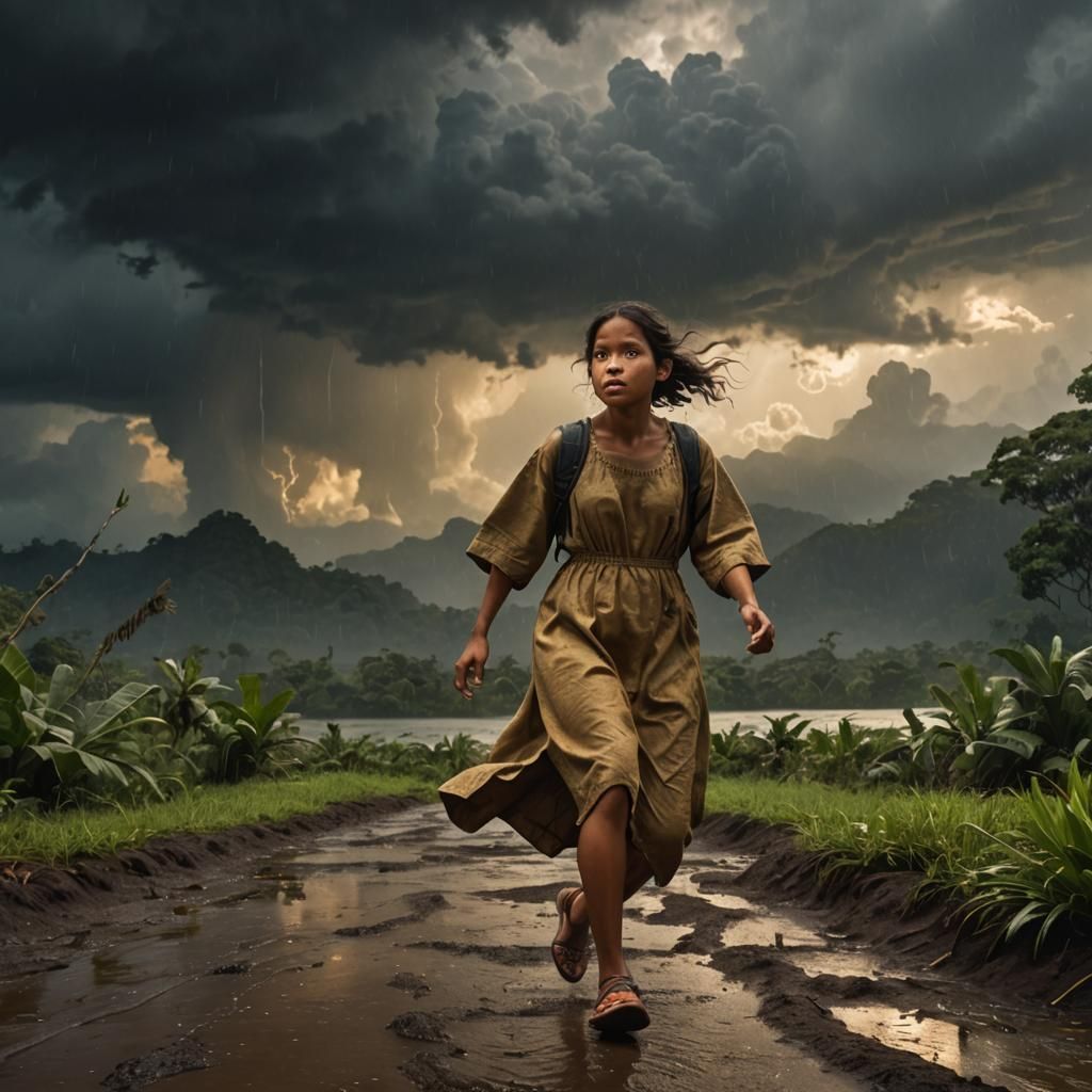 Prehistoric Girl Escaping Jungle Storm in Photorealism