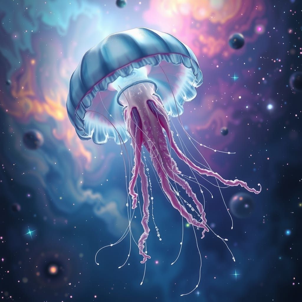 Ethereal Jellyfish in Cosmic Ocean with Stardust Trails
