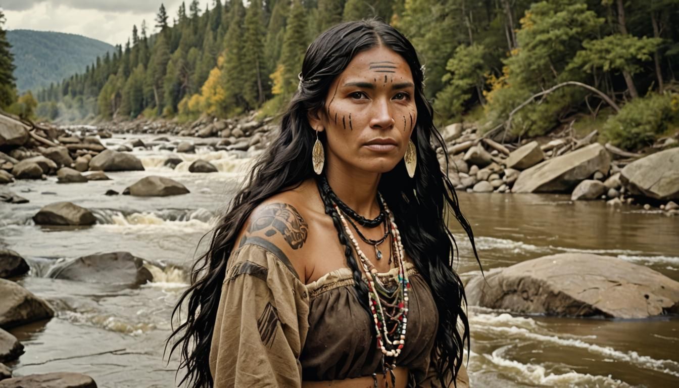 Native American Woman Bathing in Raging River