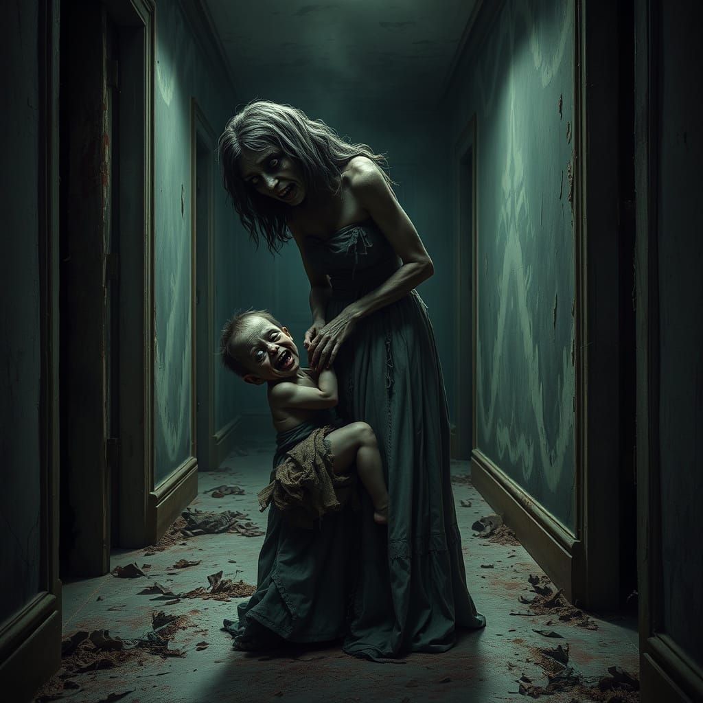 Undead Mother and Zombie Baby in Decaying Mansion