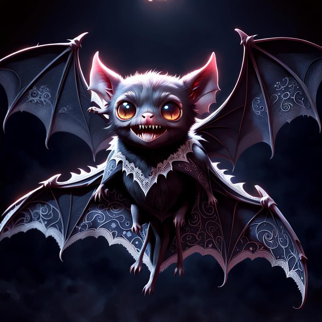 A vampire bat with big, round eyes and a sweet, playful smil...