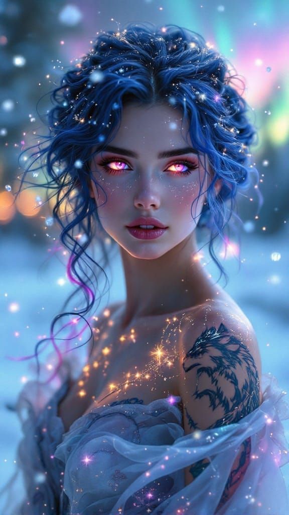 Ethereal Goddess Reigns Over Starlit Tundra in Art Nouveau S...