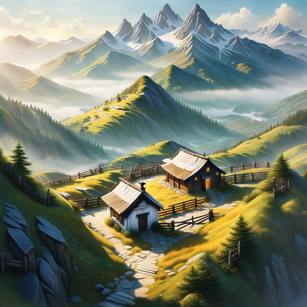 White House on Mountain in Dreamy Oil Painting