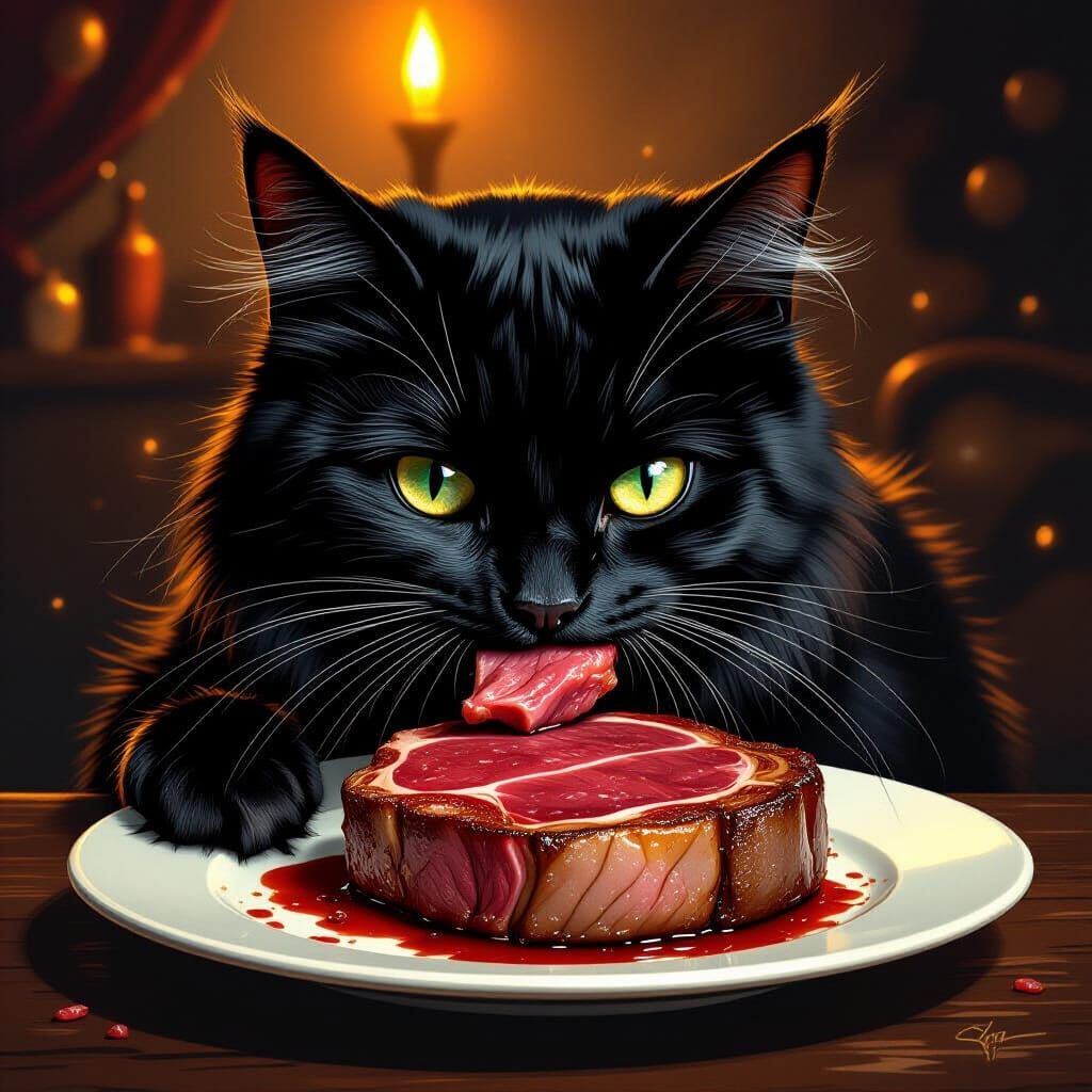 Black Longhair Cat Eating Steak, Digital Art