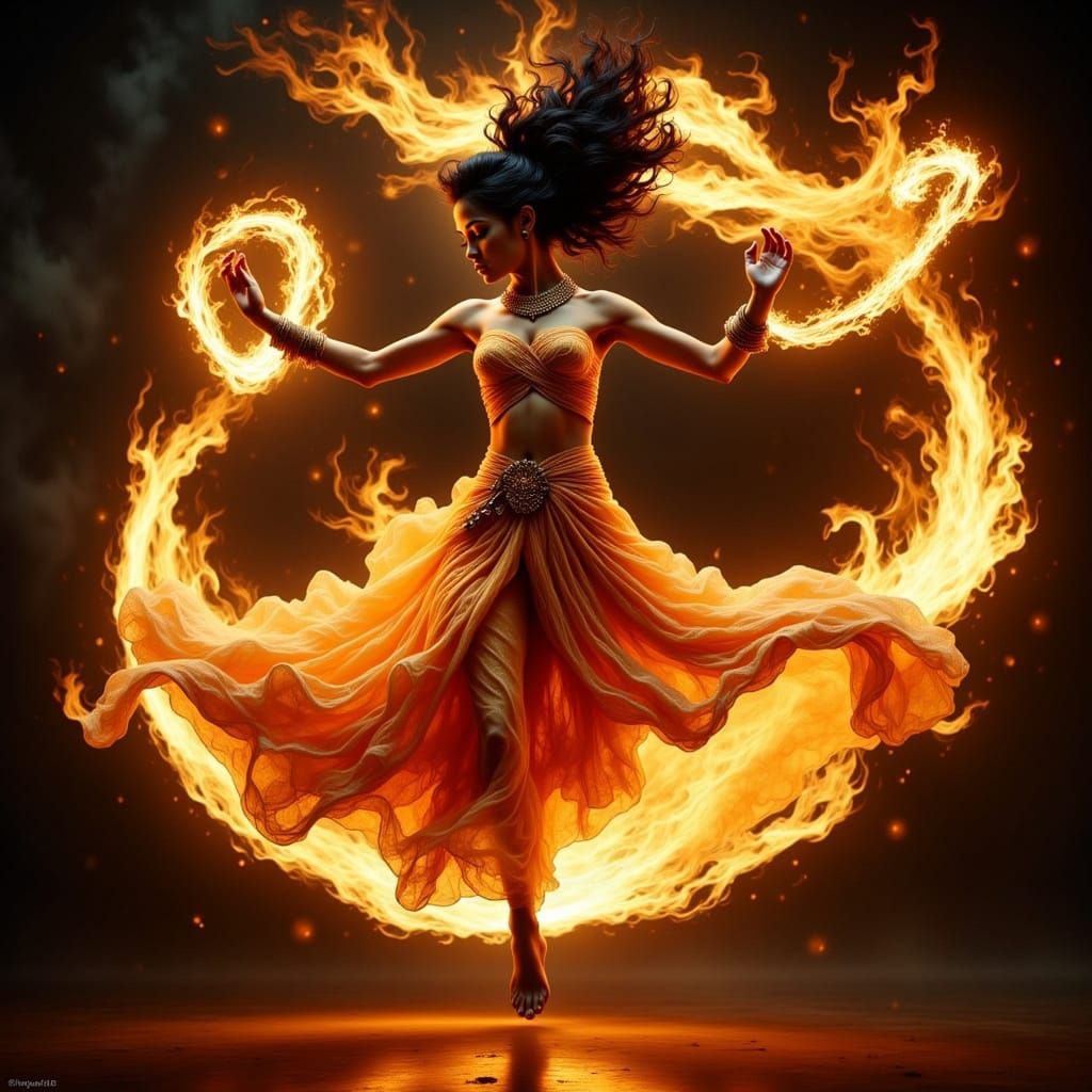 Indian Woman in Fiery Sari Mid-Air with Flame Chakrams