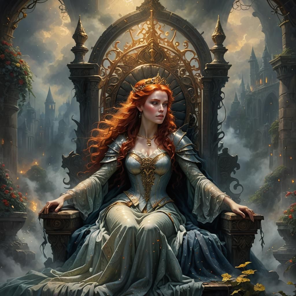Ethereal Redhead on Dark Throne, Fantasy Art