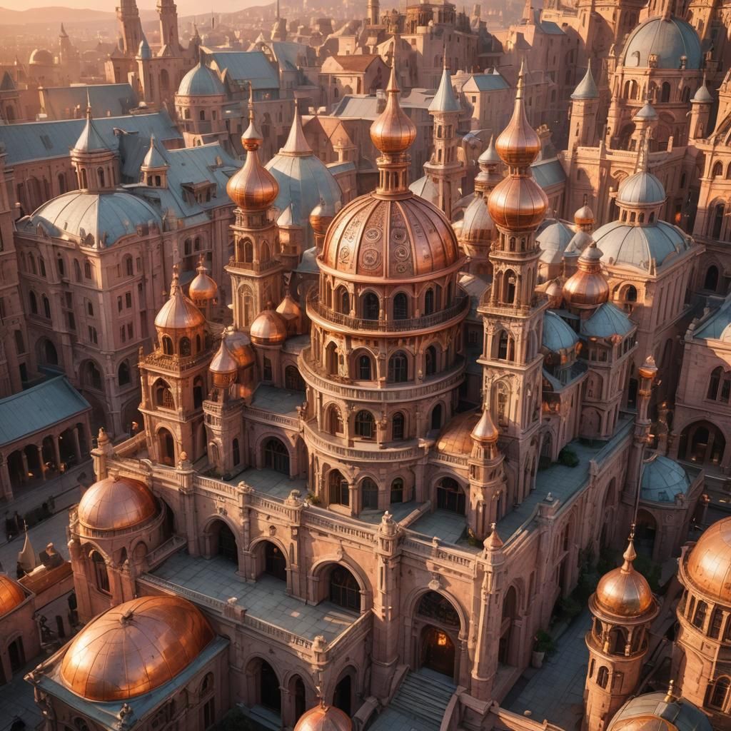 Steampunk Architecture at Sunrise in Oil Painting Style