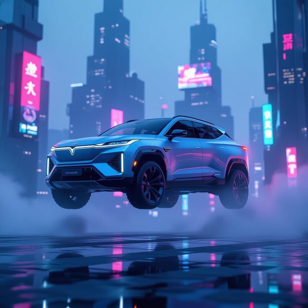 Futuristic Car Hovering Over Cyberpunk City in Sci-Fi Style