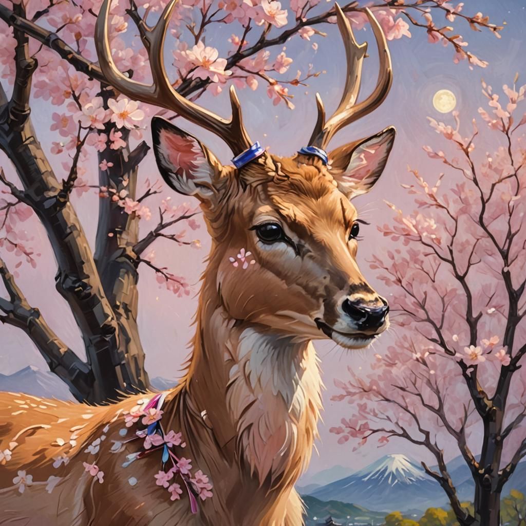 Cute Deer Portrait Under Cherry Blossom Tree