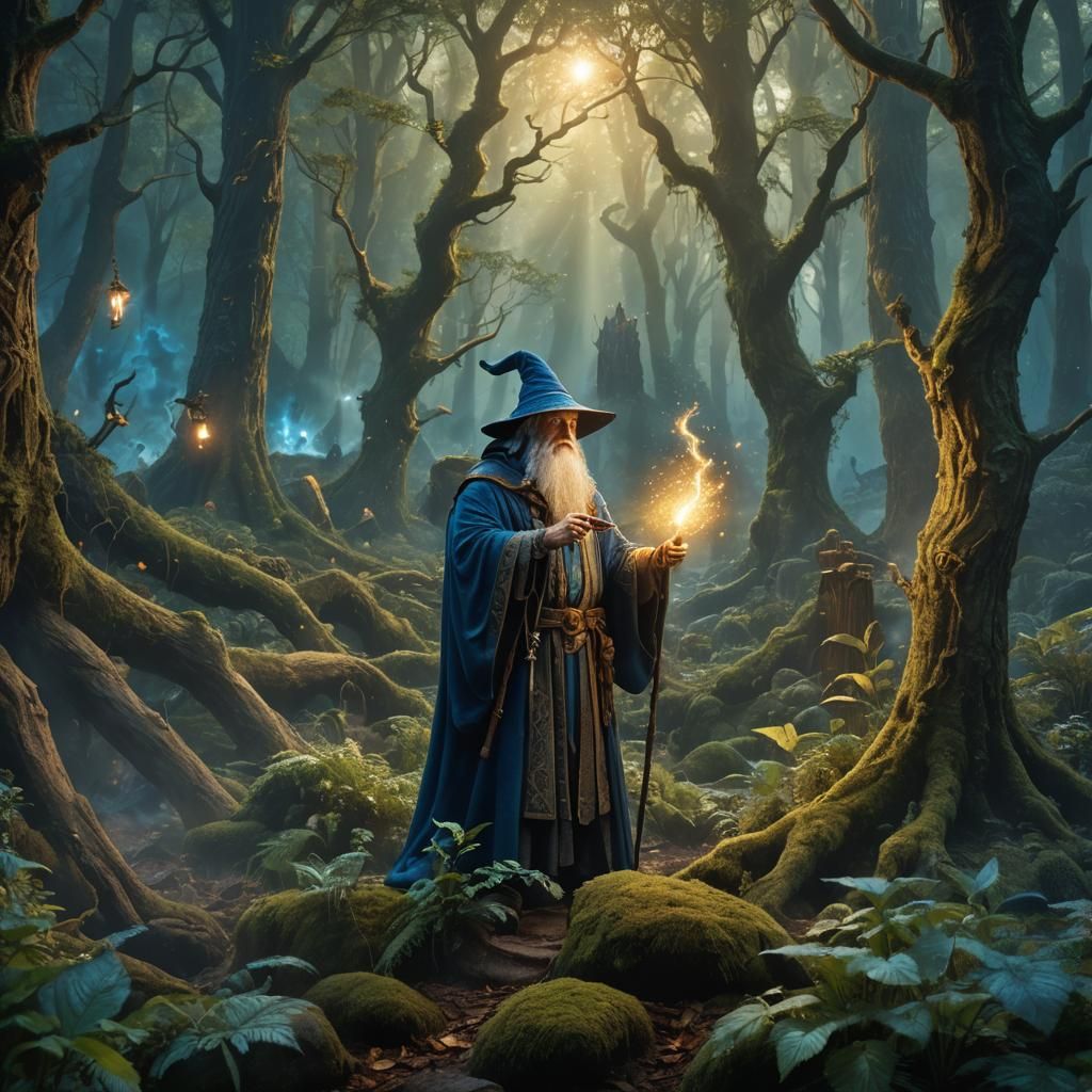 Battle Wizard in Mystical Forest, Fantasy Art