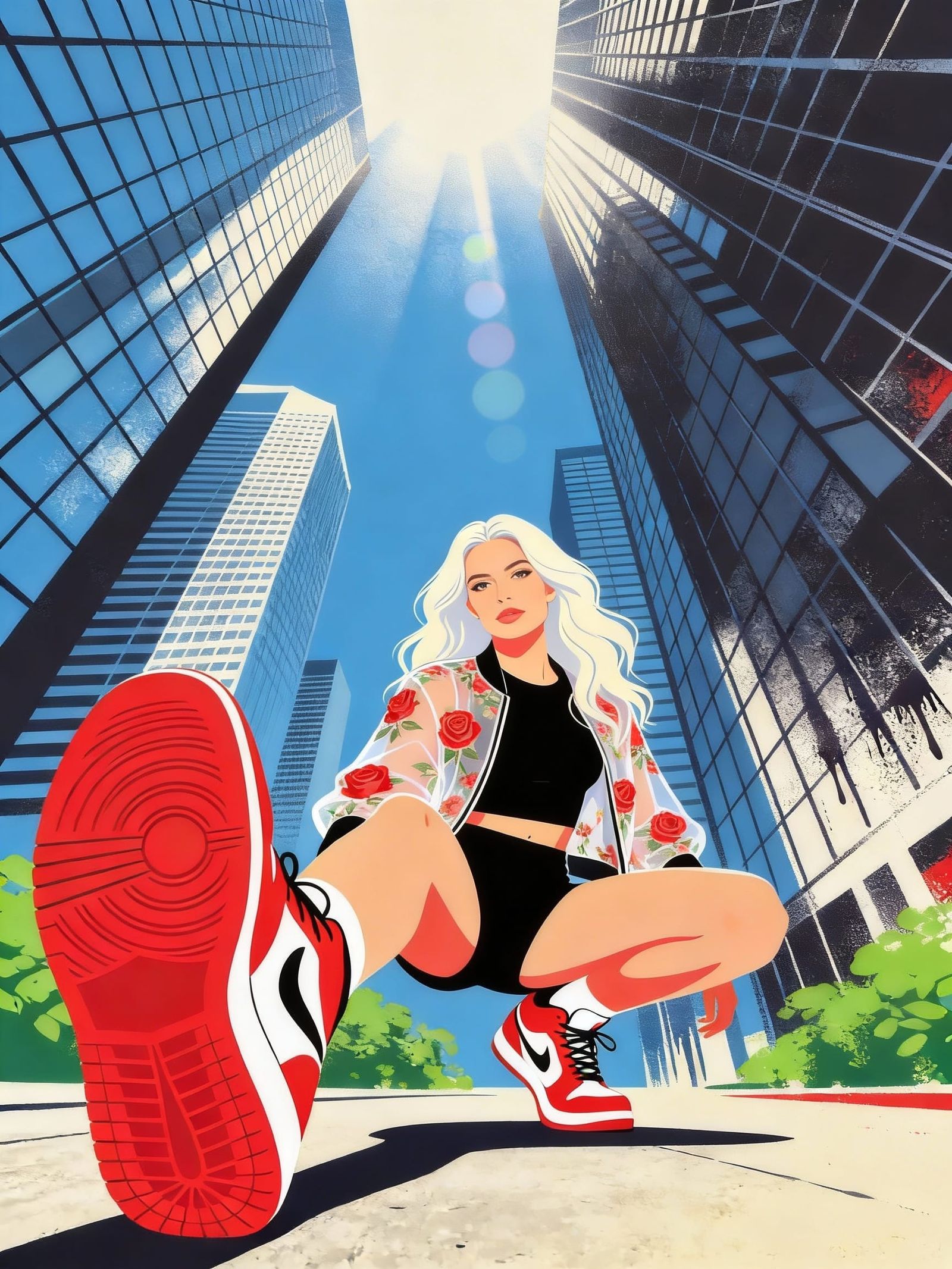 Woman with Platinum Hair in Floral Jacket, Athletic Pose