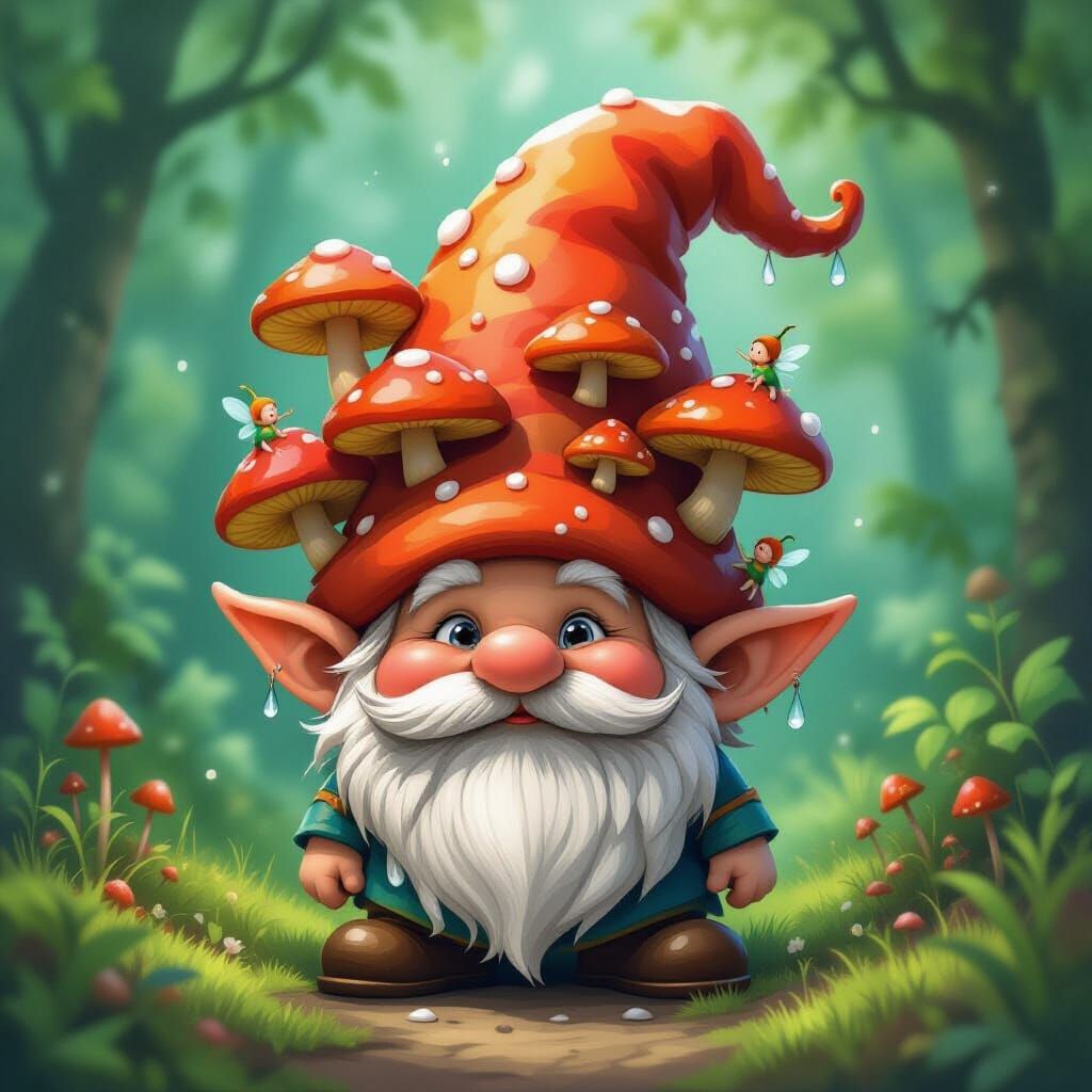Mischievous Gnome with Mushroom Hat in Enchanted Forest