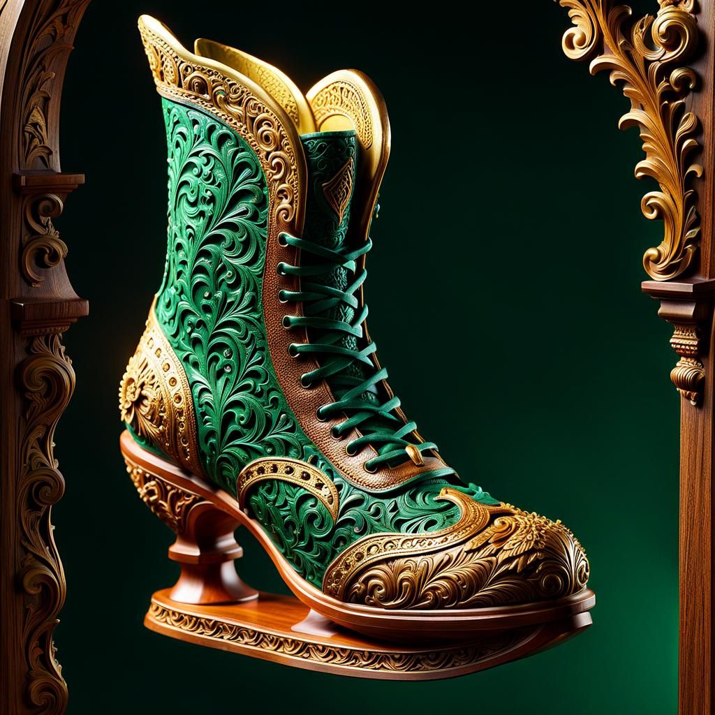 Ornate Wooden Shoe Sculpture with Miniature Figures