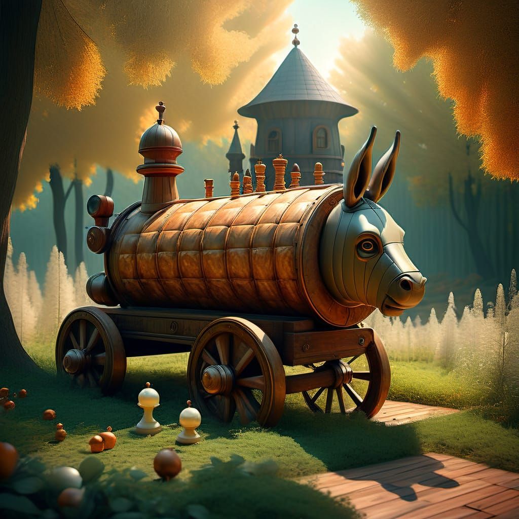 Surreal Chess Scene with Inflatable Truck and Mother-of-Pear...