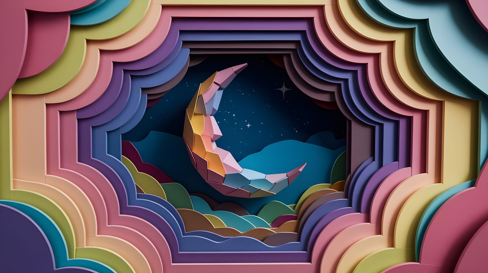 Vibrant Cubist Painting of Nighttime Scene with Paper Moon