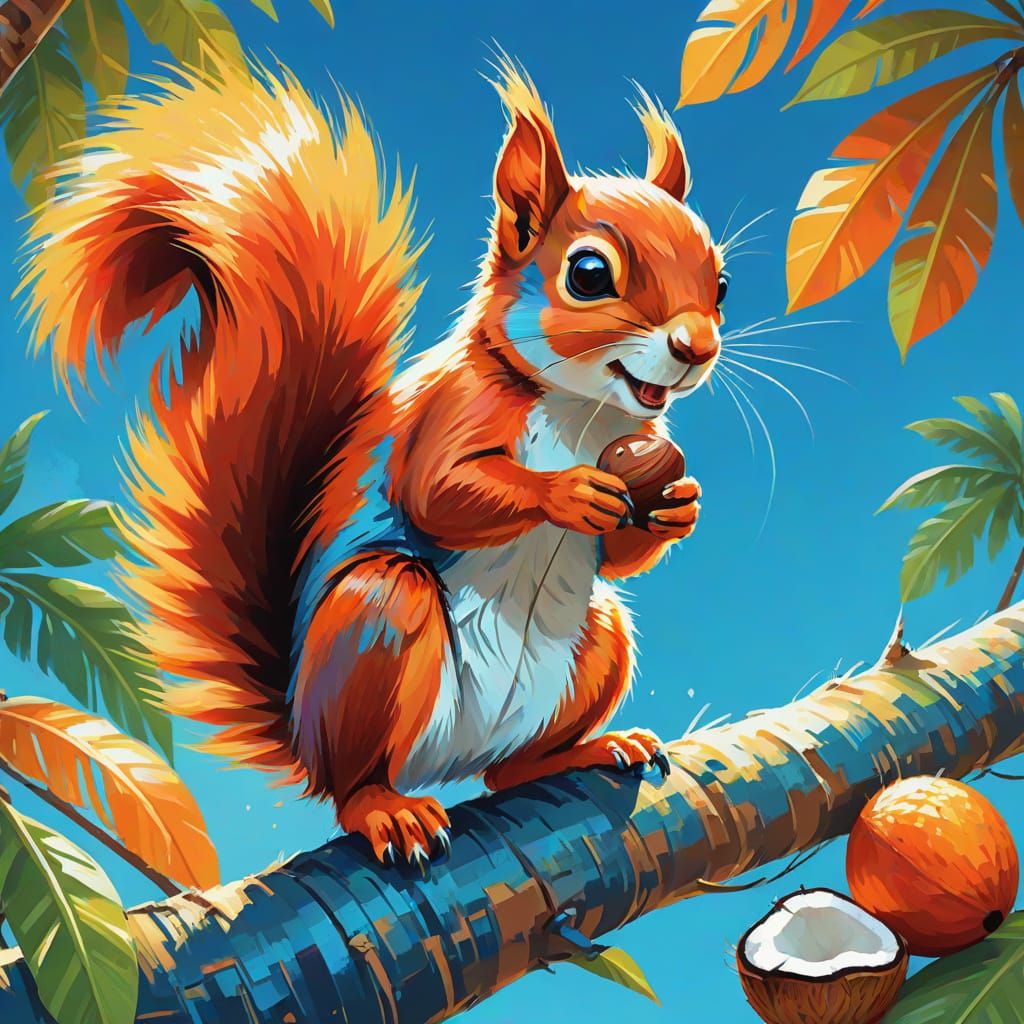Whimsical Coconut Tree Scene with Animated Squirrel