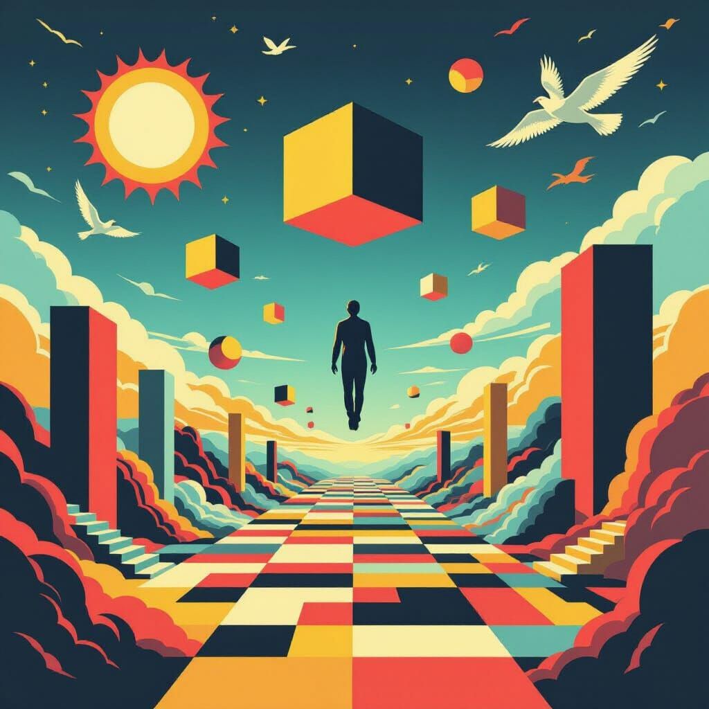 Surreal Geometric Landscape with Floating Architect