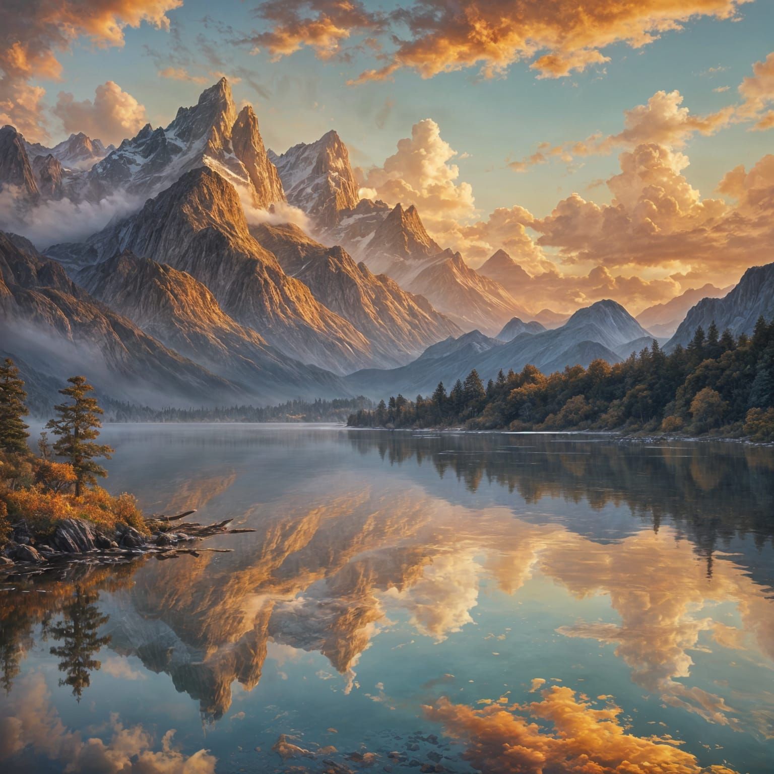 Serene Mountain Lake Reflecting Dreamy Sunrise, Klimt-Style