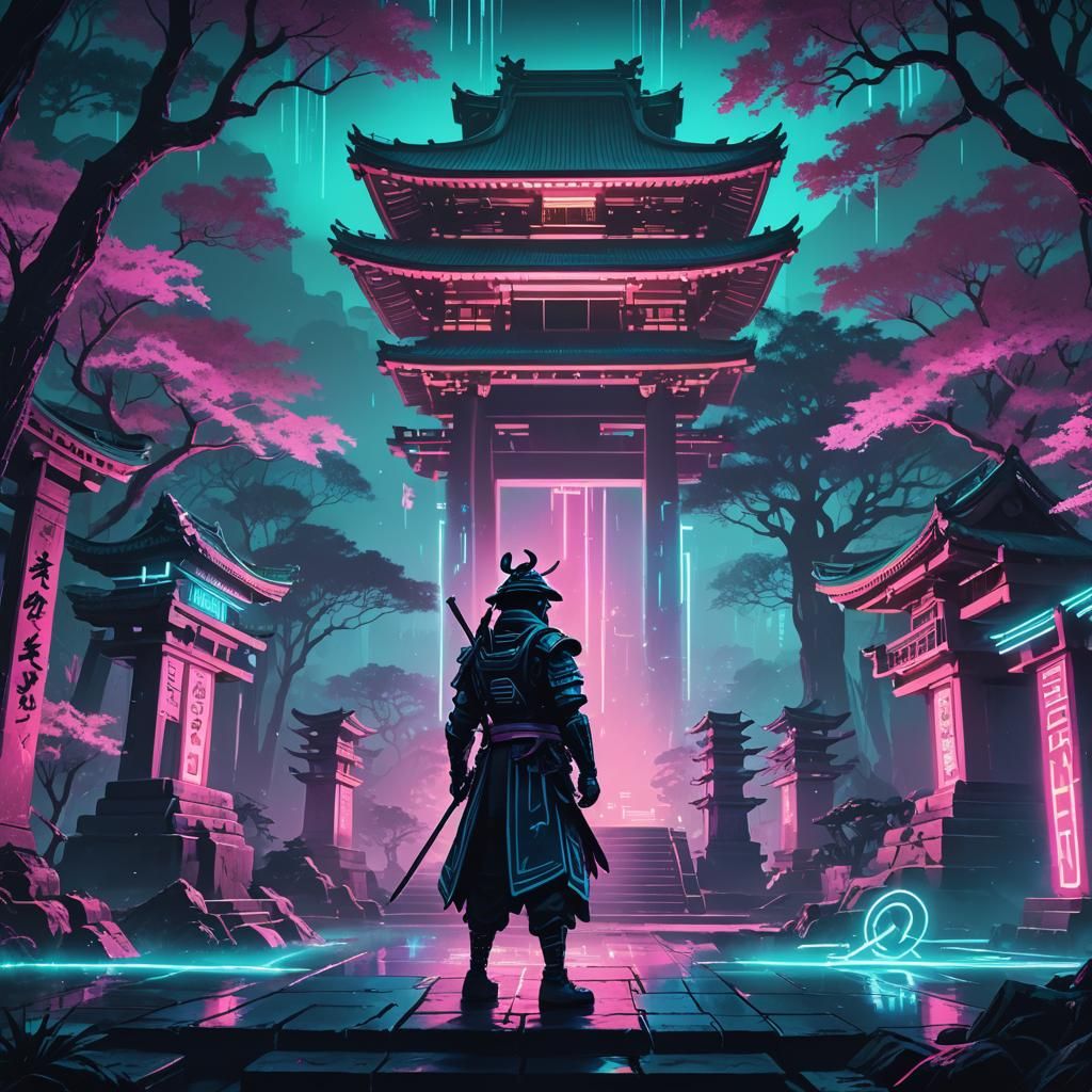 Neon Samurai at Ancient Temple in Cyberpunk Style