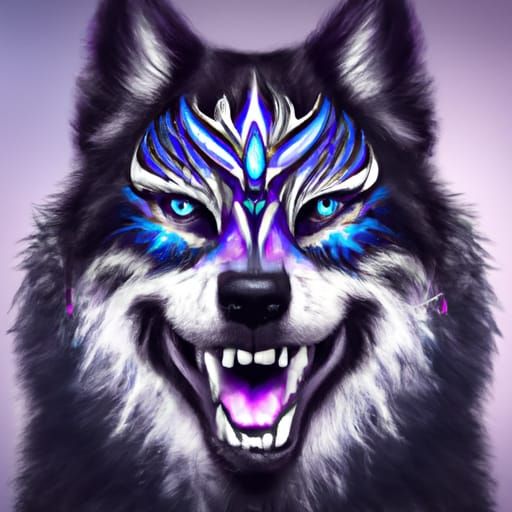 Hyperreal Alien Wolf with Purple Tribal Tattoo