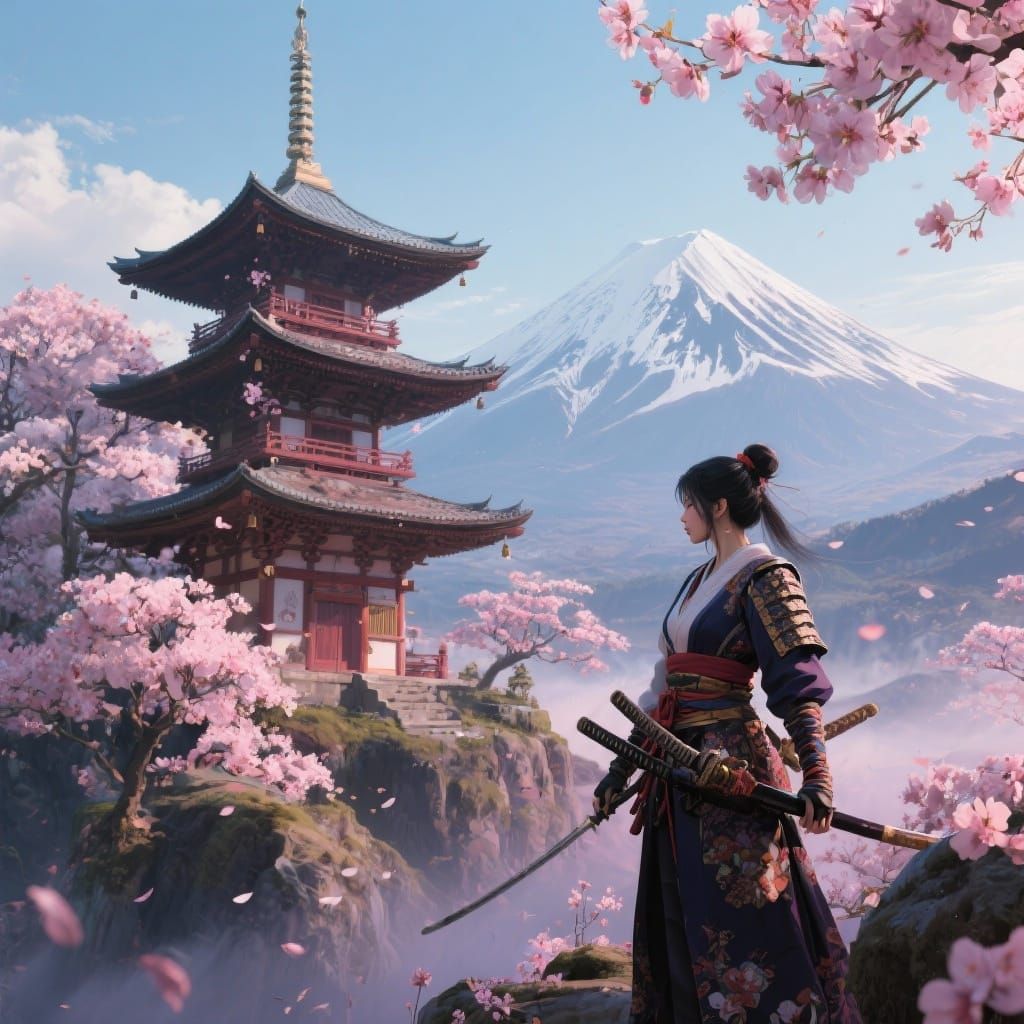 Japanese Samurai Woman Near Pagoda with Mount Fuji
