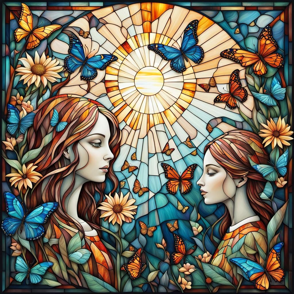 Abstract Stained Glass Art: Woman, Girl, and Nature