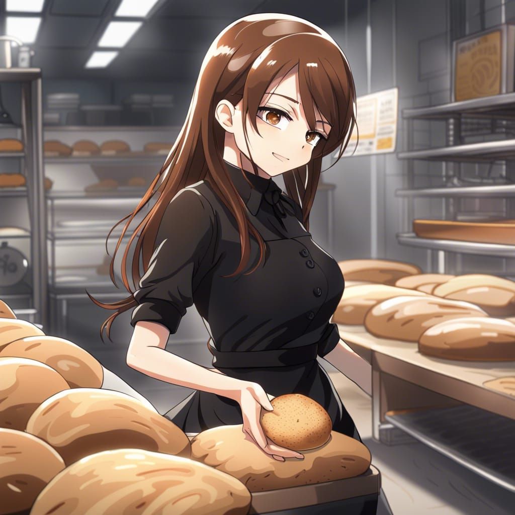 Anime Style: Woman Kneading Bread in Bakery