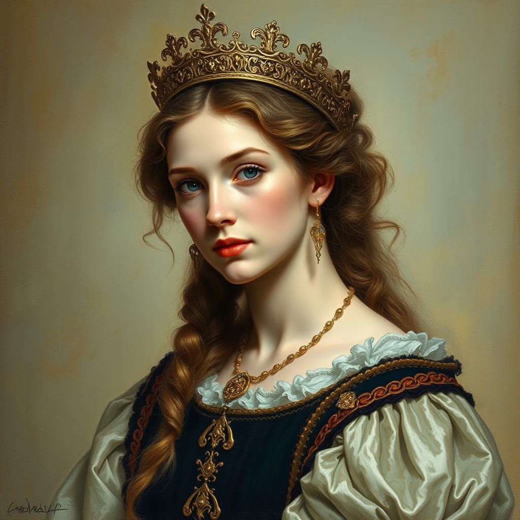 Regal Queen Portrait in Pre-Raphaelite Style