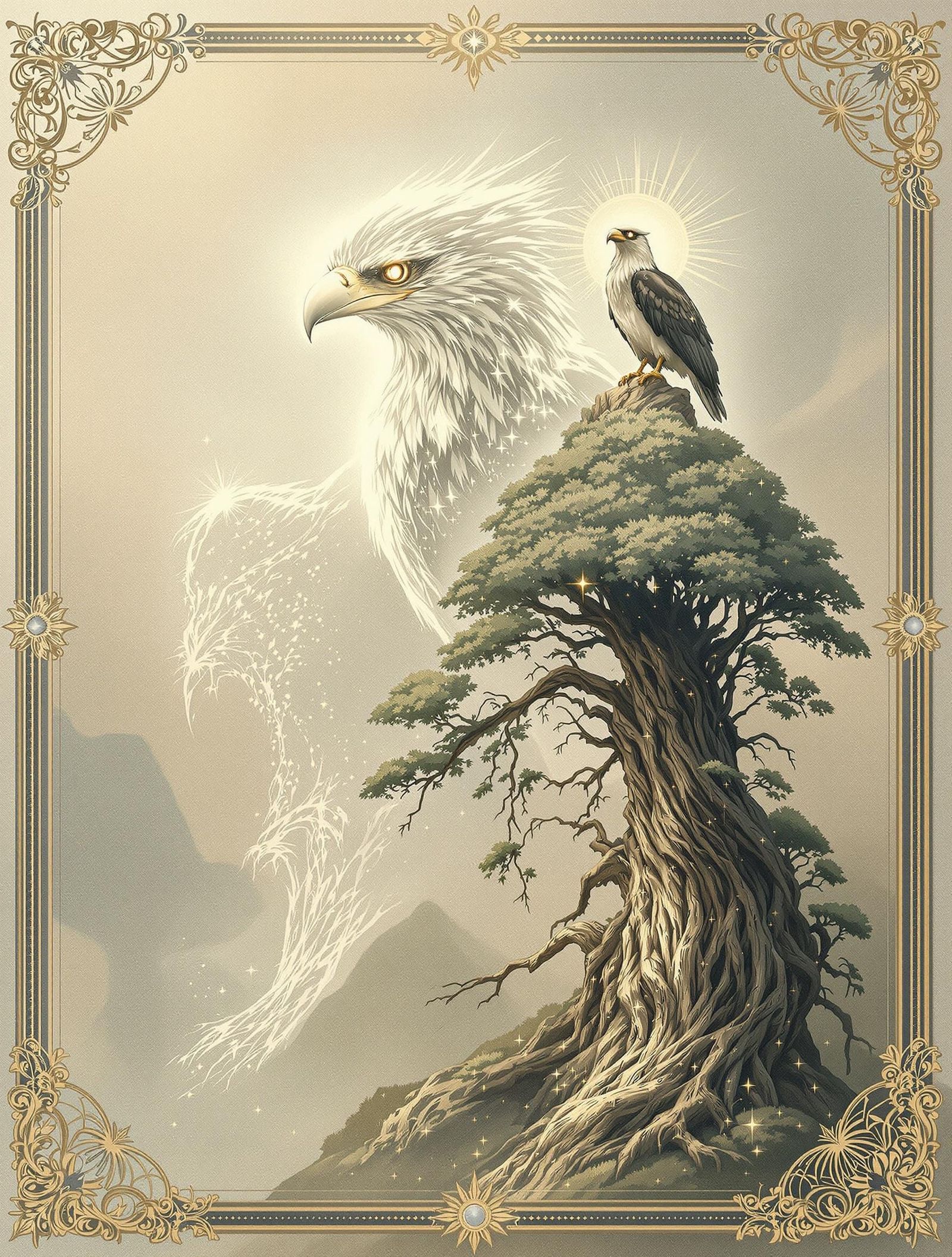 Ethereal Woodpeckers and Eagles in Antique Digital Illustrat...