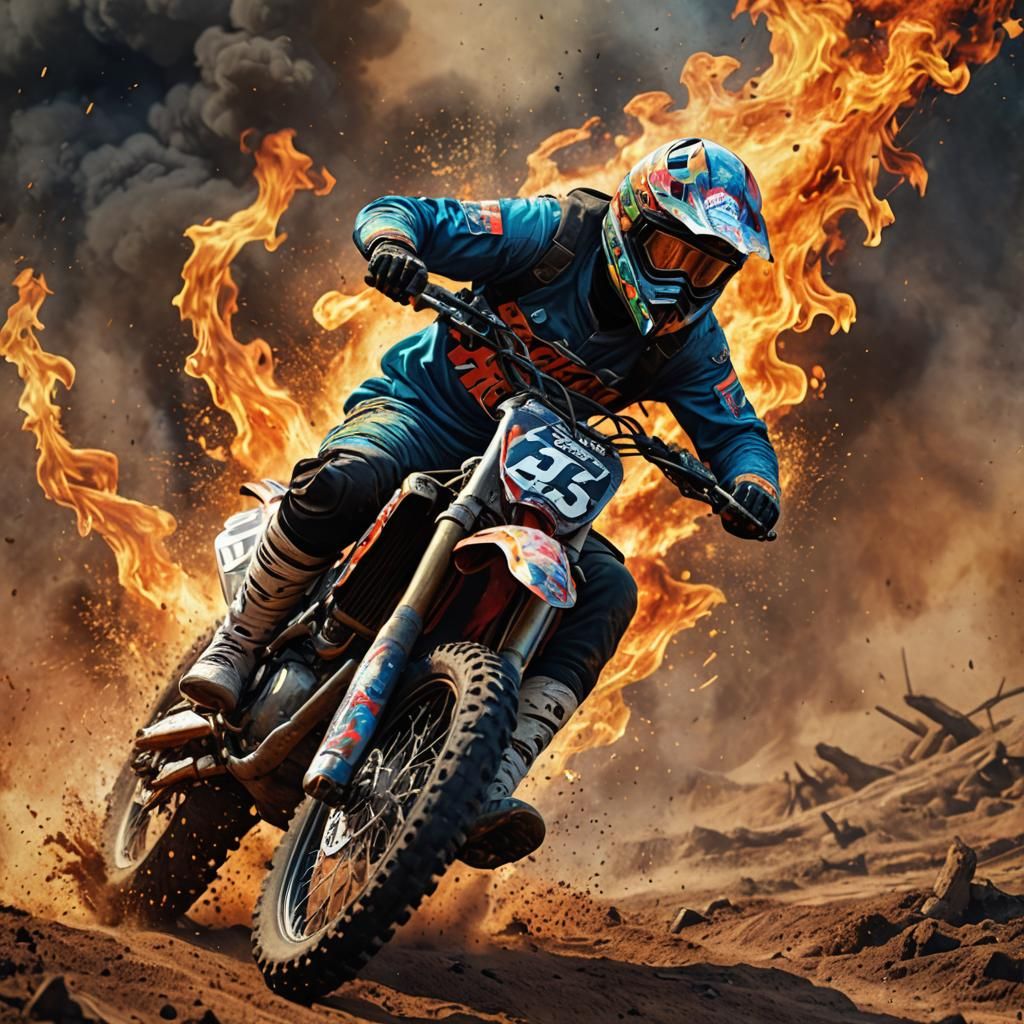 Motocross Rider Leaping Through Fire in Splash Art