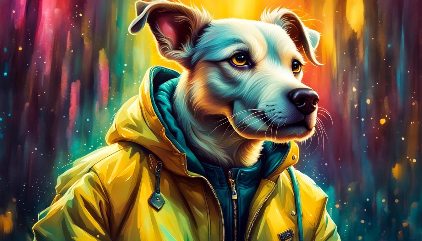 Anthropomorphic Dog in Yellow Jacket, Digital Illustration