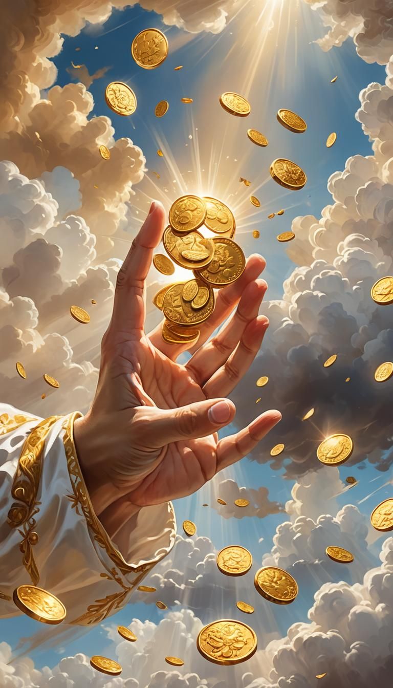 Sacred Baroque Painting: Golden Coins from Divine Hands