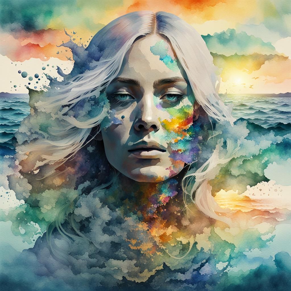 Watercolor Seascape Double Exposure Portrait