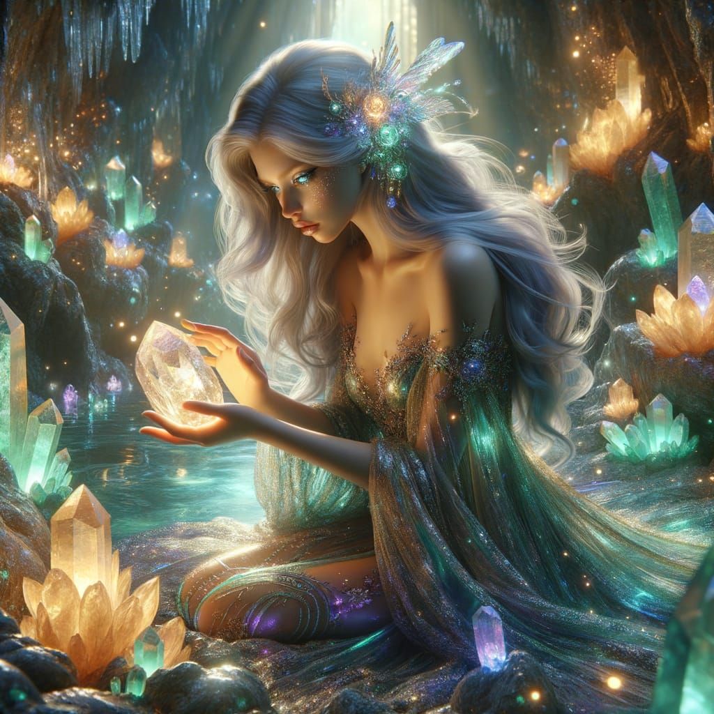 Ethereal Woman in Bioluminescent Crystal Cave